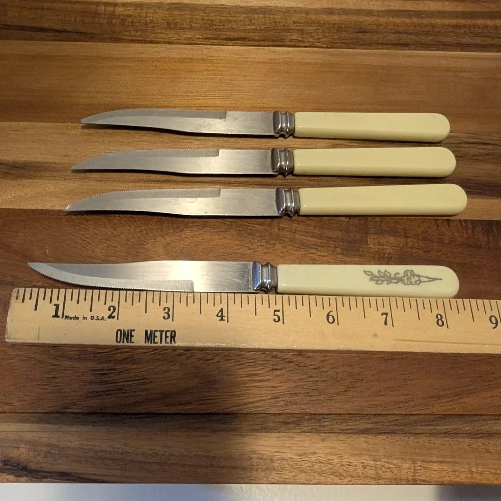 Vintage Regent Sheffield Ivory Floral Handle Steak Knives- Set Of 4